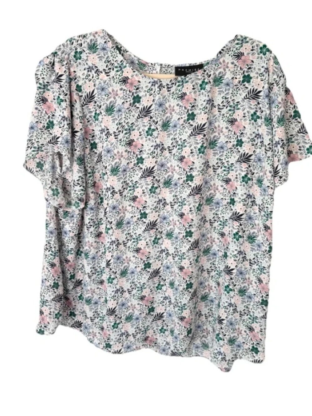Premise Floral Scoop Neck Top - White with Pink & Green